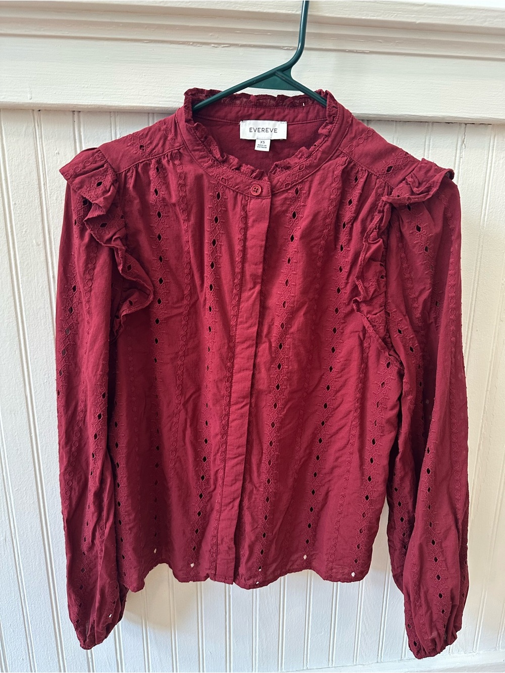 Evereve Burgundy Eyelet Ruffle Button-Down Blouse